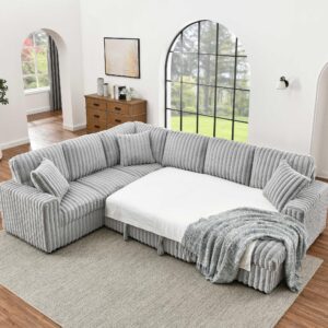 DEINPPA 122 Inch Sleeper Sofa Couch with Pullout Bed, Chunky Furry Corduroy Sectional Sofa with Storage Chaise and Charging Ports, Large Sectional Couches for Living Room-Grey