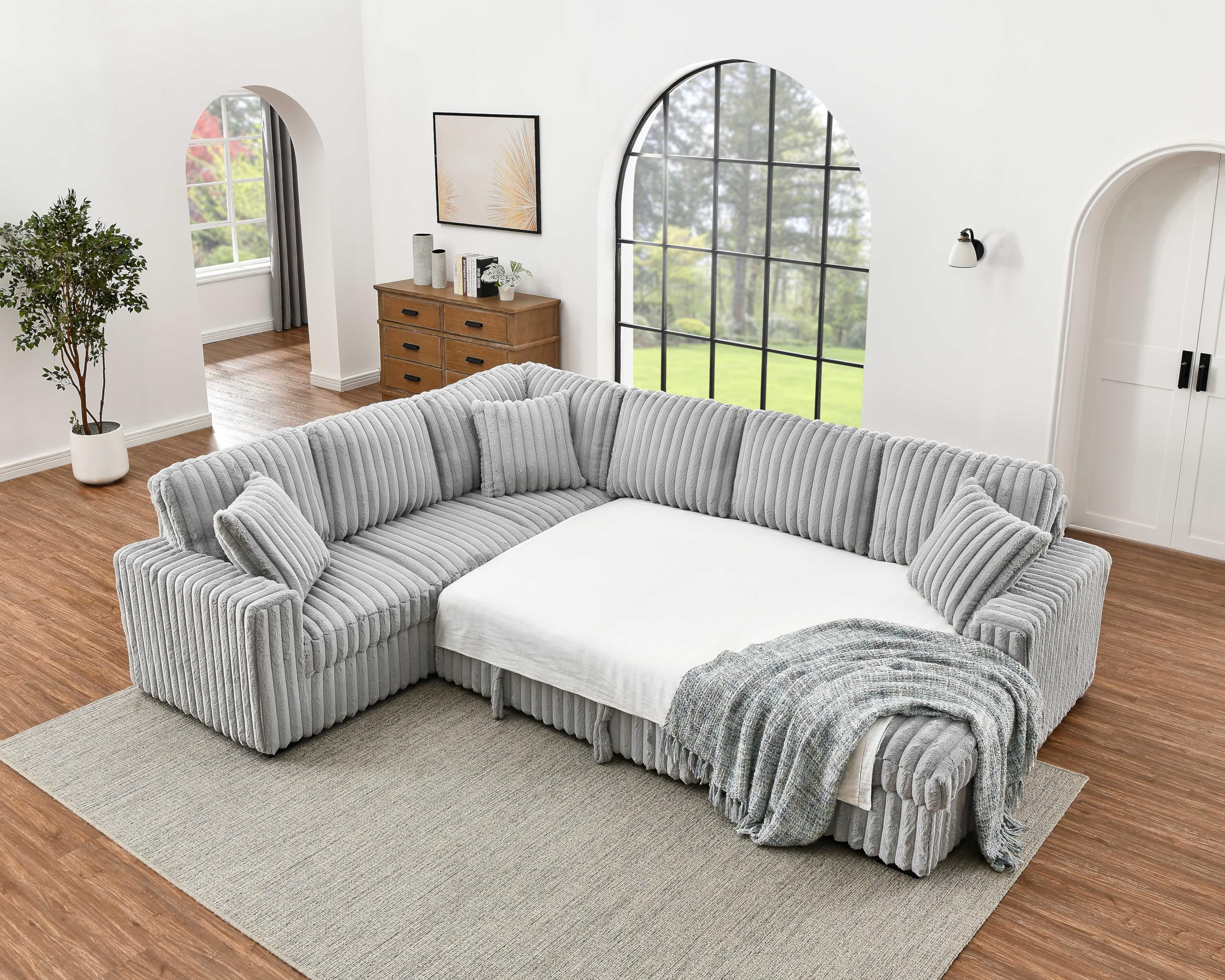 DEINPPA 122 Inch Sleeper Sofa Couch with Pullout Bed, Chunky Furry Corduroy Sectional Sofa with Storage Chaise and Charging Ports, Large Sectional Couches for Living Room-Grey