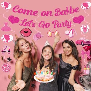 Come On Babe Let's Go Hot Pink Princess Birthday Banner and Hanging Swirl Hot Pink Girls Party Supplies Party Decorations for Bachelorette Bridal Shower Party Supplies