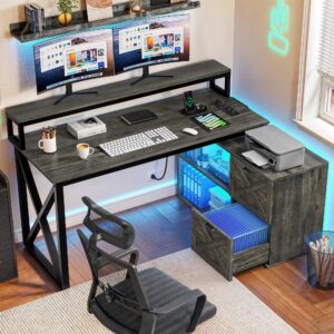 yitahome l shaped desk with drawers, 55" computer desk with power outlets & led lights, corner desk home office desk with file cabinet, grey