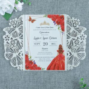 FEIYI 20 PCS 5.12x7.2 Butterfly Quinceanera Invitation, Laser Cut Wedding Invitation Cards with Envelopes for XV Anos Bridal Shower Baby Shower Invite (Red Glitter)