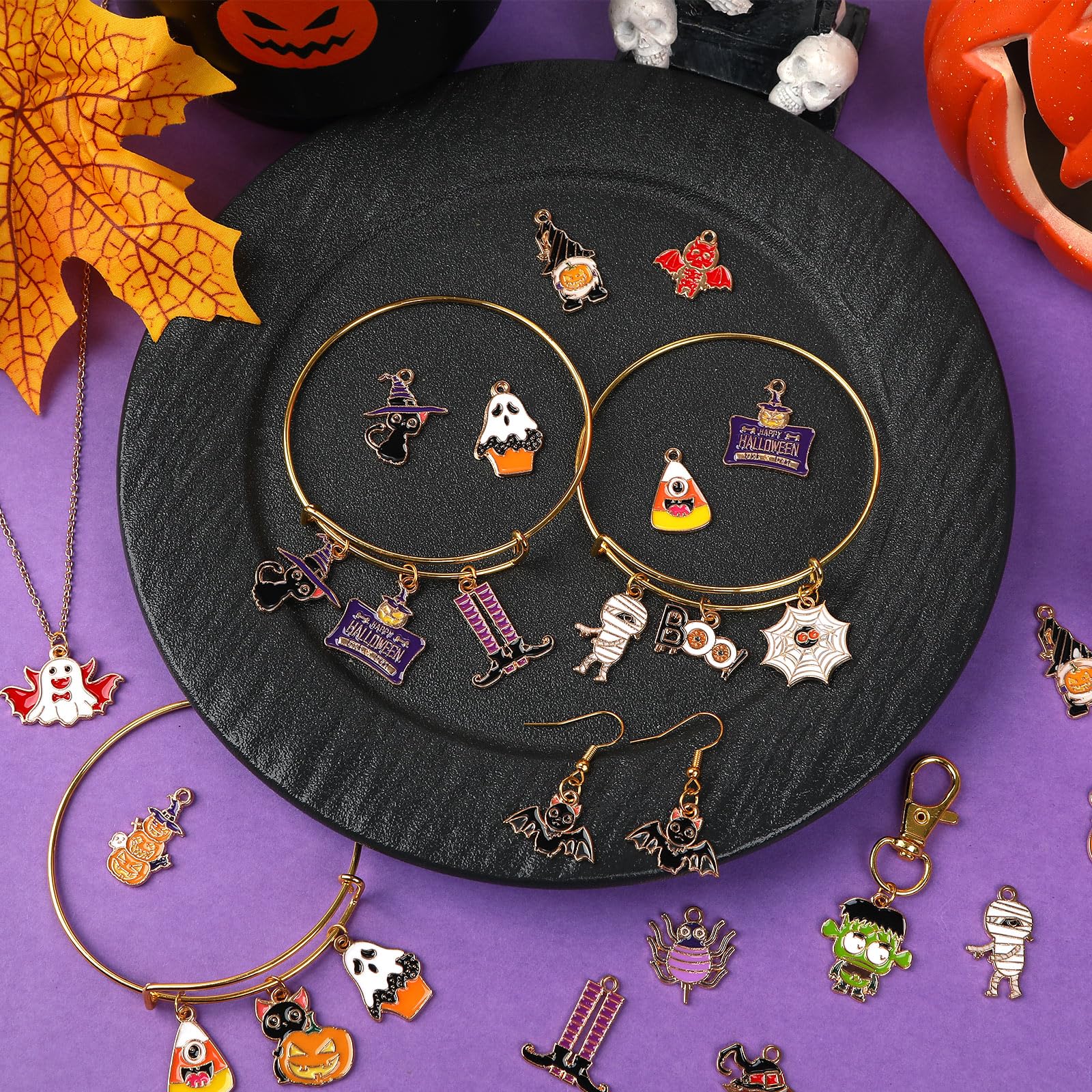 MARFOREVER 40 Pcs/20 Pairs Halloween Charms, Enamel Halloween Charms Bulk Pumpkin Bat Skeleton Witch Spider Candy Charm Pendants for Jewelry Bracelet Necklace Making