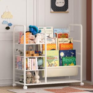 livilord kids bookshelf and toy organizer, 3 tier bookshelf for kids, large capacity removable book shelf for kids rooms, bedroom, playroom, nursery, metal toy storage organizer with bookshelf, white