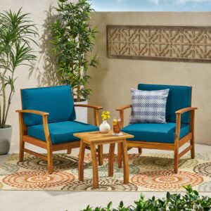 Christopher Knight Home Perla Outdoor 2 Seater Acacia Wood Bistro Set with Cushions, 28.25 "W x 28 "D x 32.75 "H, Teak + Blue