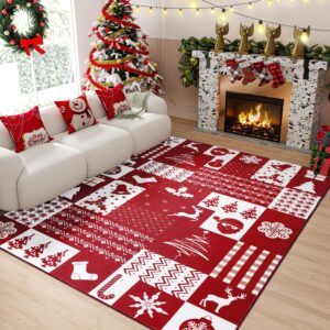 Syalife 9x12 Christmas Rug for Living Room, Bedroom, Dining Room, Large Red/White Area Rug, Indoor Festival Machine Washable Rugs, 9'x12', Patchwork Pattern