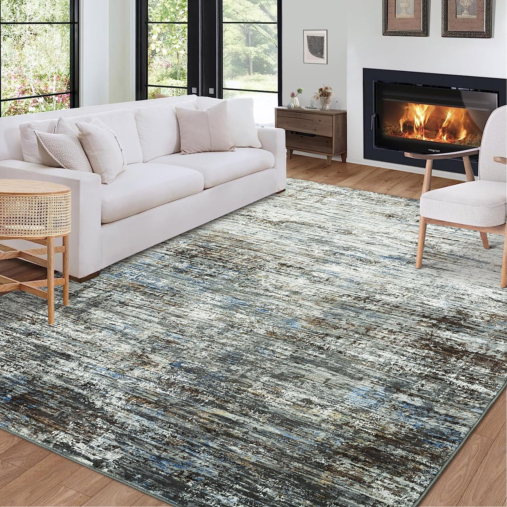 ROYHOME Washable Area Rug 5x7 Modern Abstract Machine Washable Rug Contemporary Aesthetic Carpet Stain Resistant Non-Slip Accent Rug Farmhouse Floor Cover for Dining Bedroom Decor, Blue/Grey