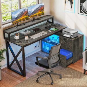 YITAHOME L Shaped Desk with Drawers, 55" Computer Desk with Power Outlets & LED Lights, Corner Desk Home Office Desk with File Cabinet, Grey