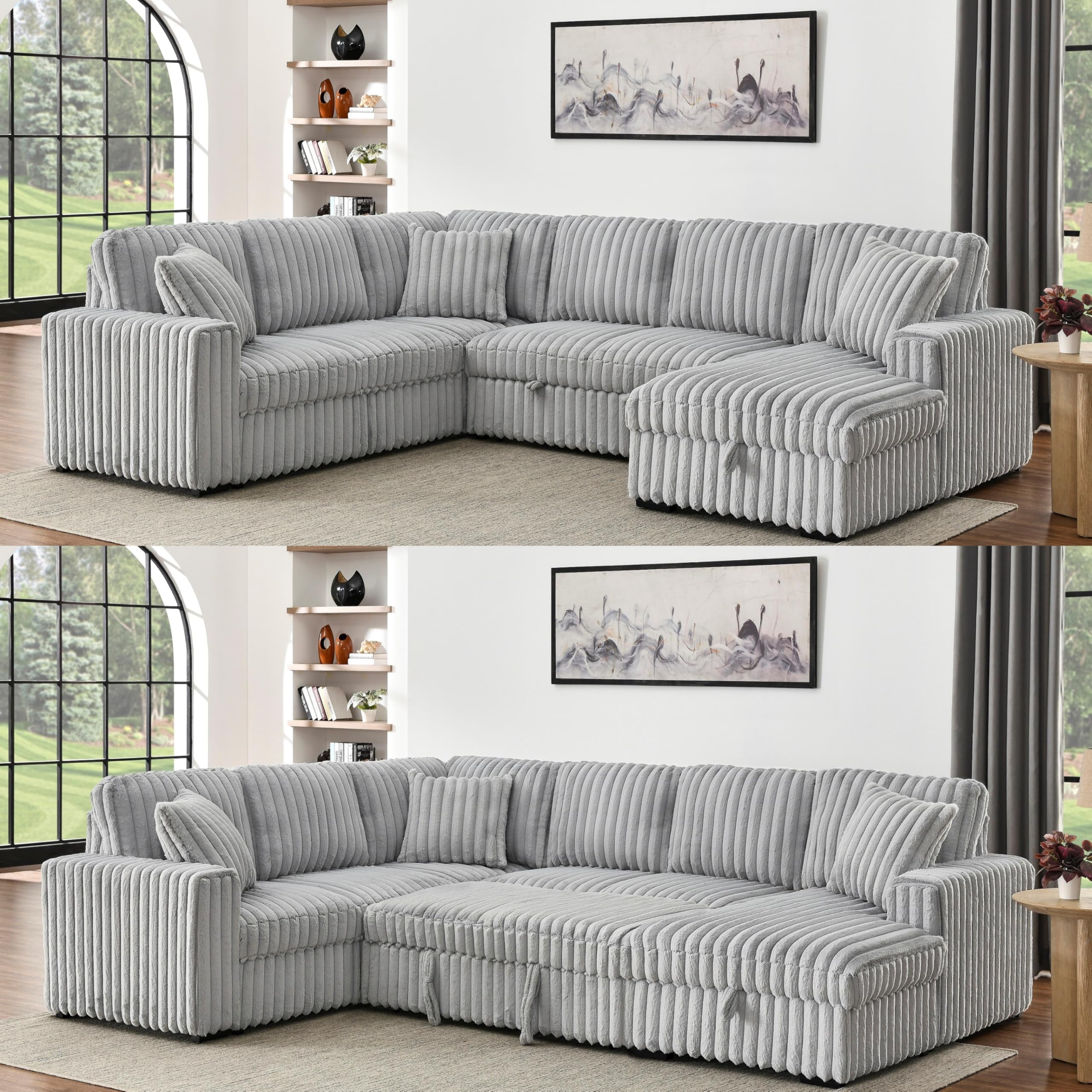 DEINPPA 122 Inch Sleeper Sofa Couch with Pullout Bed, Chunky Furry Corduroy Sectional Sofa with Storage Chaise and Charging Ports, Large Sectional Couches for Living Room-Grey