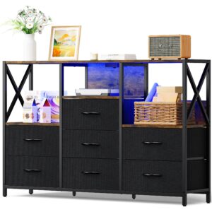 black dresser for bedroom, 53" dresser tv stand with led light and power outlets, 7 drawers dressers, fabric chest of drawers with open shelf, large dressers for bedroom, living room