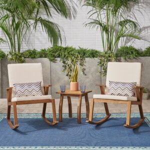 Christopher Knight Home Champlain Outdoor Acacia Wood Rocking Chair Chat Set, 26 "W x 35.75 "D x 36.75 "H, Teak + Cream