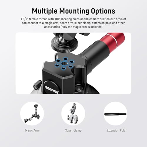 Neewer 3" Suction Cup Camera Mount Bracket with Ball Head Magic Arm, 1/4" ARRI Holes, Quick Release Car Mount with Phone Holder & Action Cam Adapter Compatible with iPhone DJI Insta360, CA104