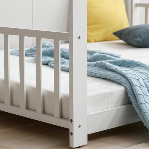 Pipleo Full Size Floor Bed, Wood House Bed with Headboard and Footboard, Montessori Wood Bed, Playhouse Toddler Floor Bed Frame for Boys, Girls, No Box Spring Needed (White, Full Size)