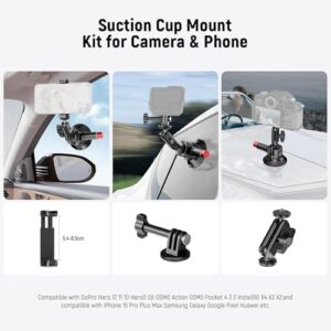 Neewer 3" Suction Cup Camera Mount Bracket with Ball Head Magic Arm, 1/4" ARRI Holes, Quick Release Car Mount with Phone Holder & Action Cam Adapter Compatible with iPhone DJI Insta360, CA104