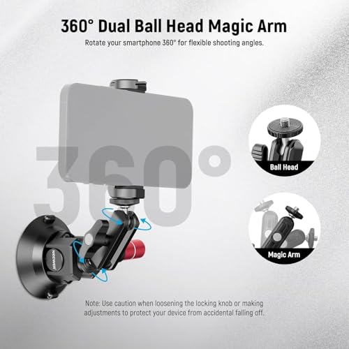 Neewer 3" Suction Cup Camera Mount Bracket with Ball Head Magic Arm, 1/4" ARRI Holes, Quick Release Car Mount with Phone Holder & Action Cam Adapter Compatible with iPhone DJI Insta360, CA104