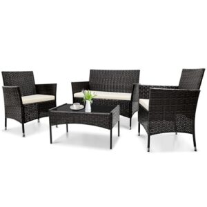 TINKLE WELL Patio Furniture Set, 4 Piece Sectional Conversation Sofa, Outdoor Wicker Rattan Table and Chairs with Thick Cushion for Garden, Yard, or Porch