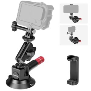 neewer 3" suction cup camera mount bracket with ball head magic arm, 1/4" arri holes, quick release car mount with phone holder & action cam adapter compatible with iphone dji insta360, ca104