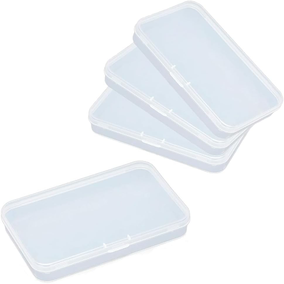 Pack of 4 Clear Polypropylene Rectangle Mini Storage Containers Box with Hinged Lid for Card,Accessories,Crafts,Learning Supplies,Screws,Drills,Battery,4.8" x 2.9" x 0.67" Storage and Transport