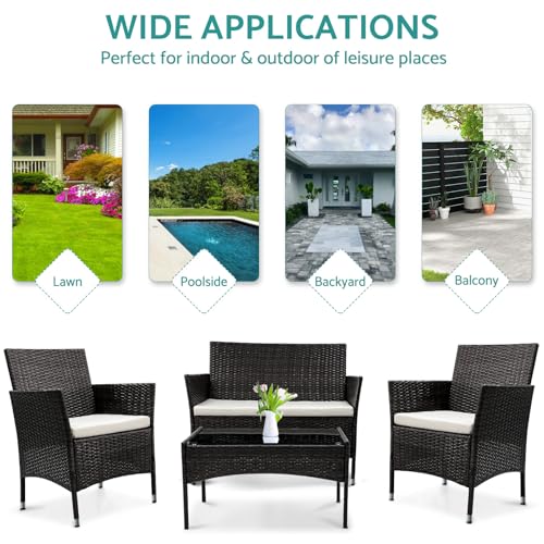 TINKLE WELL Patio Furniture Set, 4 Piece Sectional Conversation Sofa, Outdoor Wicker Rattan Table and Chairs with Thick Cushion for Garden, Yard, or Porch