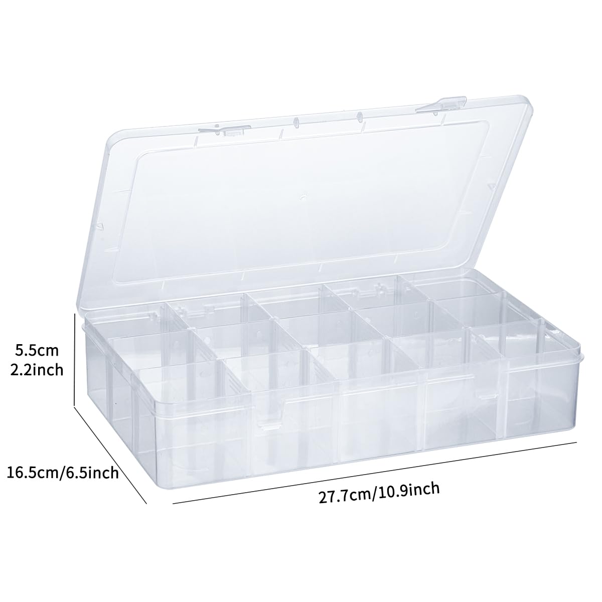 15 Grids Tackle Box Organizer, Large Clear Plastic Organizer Box with Adjustable Dividers for Beads, Art DIY, Crafts, Jewelry, Fishing Tackle with Label Stickers (1)