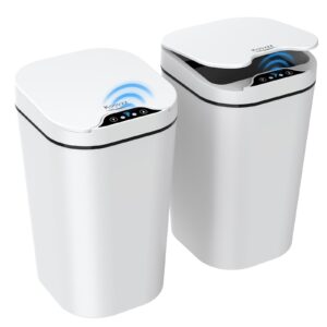 2 pack automatic small bathroom trash can with lid - 3 gallon touchless electric garbage can, motion sensor smart trash bin, slim dog proof trashcan, waterproof wastebasket for bedroom office (white)