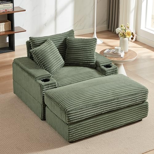 FANYE Oversized Single Sectional Sofa Couch Soft Corduroy Upholstered Modular Sleeper Daybed Deep Seat Chaise Sofa&Couch with Movable Ottoman, Cupholders and Storage Armrests