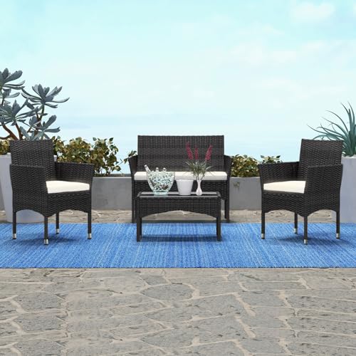 TINKLE WELL Patio Furniture Set, 4 Piece Sectional Conversation Sofa, Outdoor Wicker Rattan Table and Chairs with Thick Cushion for Garden, Yard, or Porch