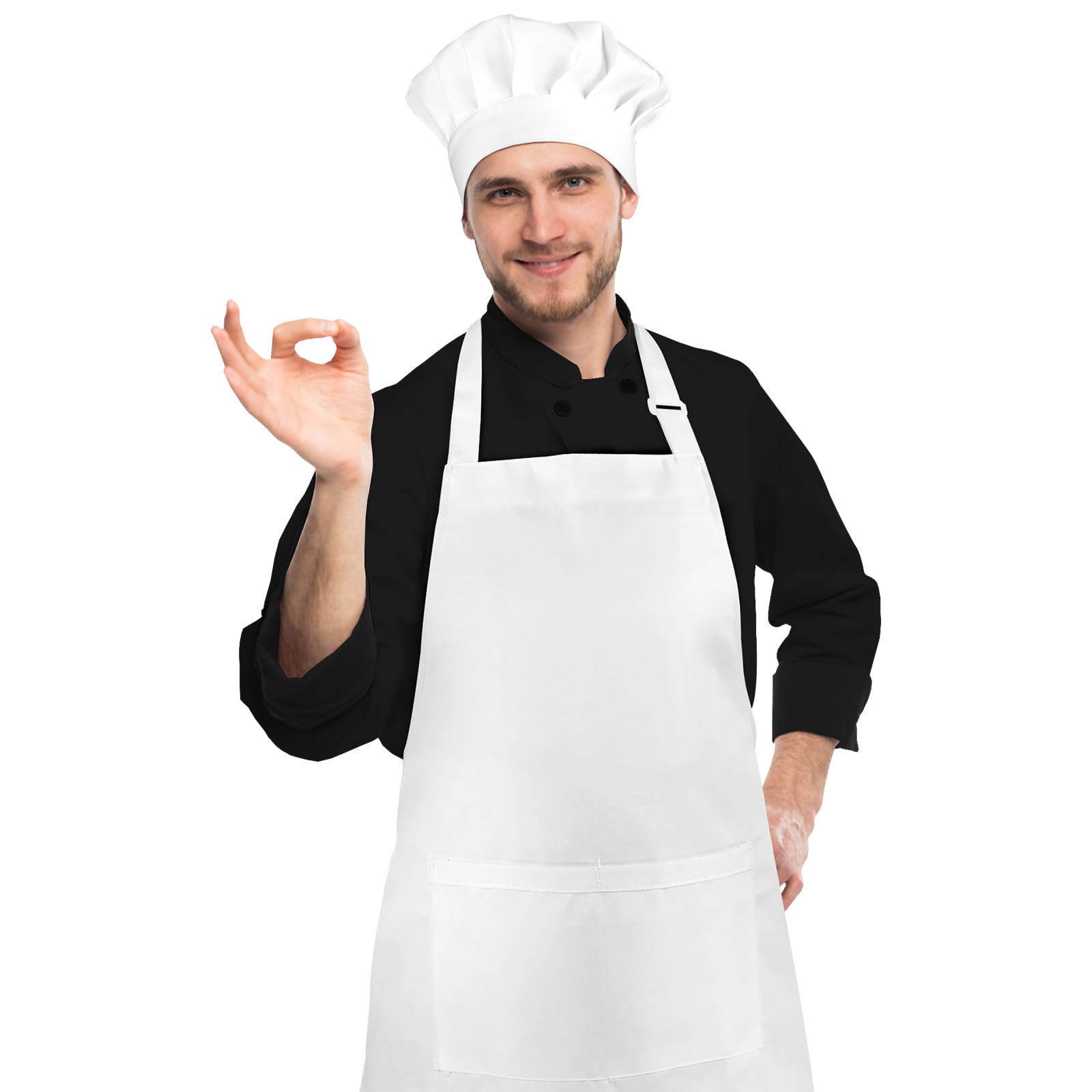 NLUS White Chef Hat and Apron, Adjustable Chef Costume Set, Kitchen Cooking Baking Apron with 2 Pockets for Men and Women