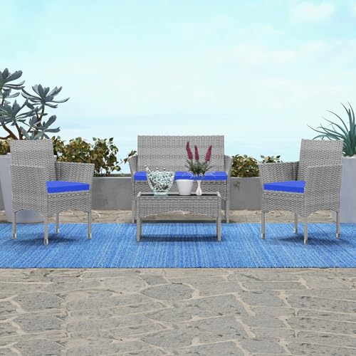 TINKLE WELL 4-Piece Brown Patio Furniture Set – Sectional Wicker Rattan Sofa with Thick Cushions and Table for Garden, Yard, or Porch