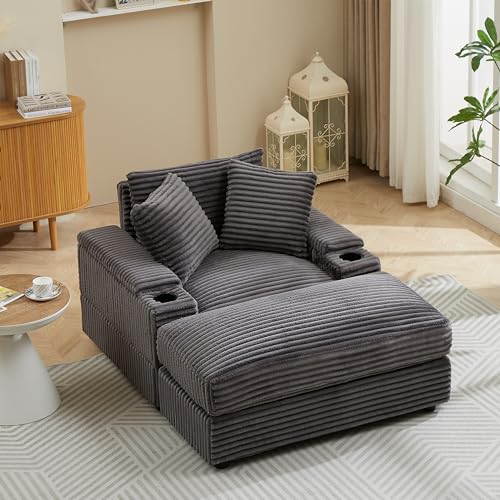 FANYE Oversized Single Sectional Sofa Couch Soft Corduroy Upholstered Modular Sleeper Daybed Deep Seat Chaise Sofa&Couch with Movable Ottoman, Cupholders and Storage Armrests