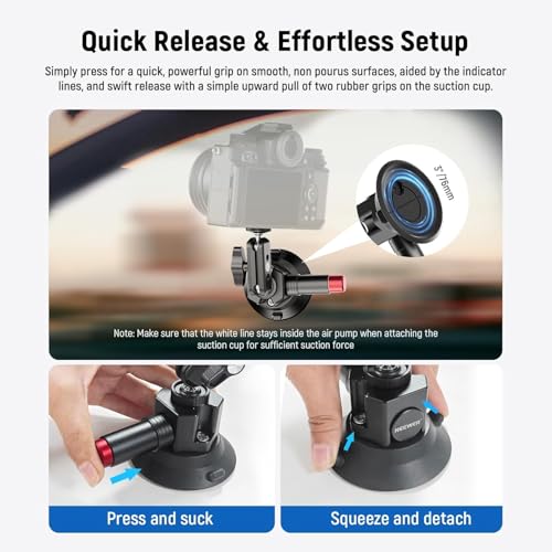 Neewer 3" Suction Cup Camera Mount Bracket with Ball Head Magic Arm, 1/4" ARRI Holes, Quick Release Car Mount with Phone Holder & Action Cam Adapter Compatible with iPhone DJI Insta360, CA104