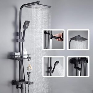 tatic Rain Shower System with Handheld,Wall Mounted Rainfall Shower Head with Shelf, Shower Faucet Set with Brass Mixer Valve and Toilet Bidet Sprayer, Black Shower Combo Kit Compatible with Ba