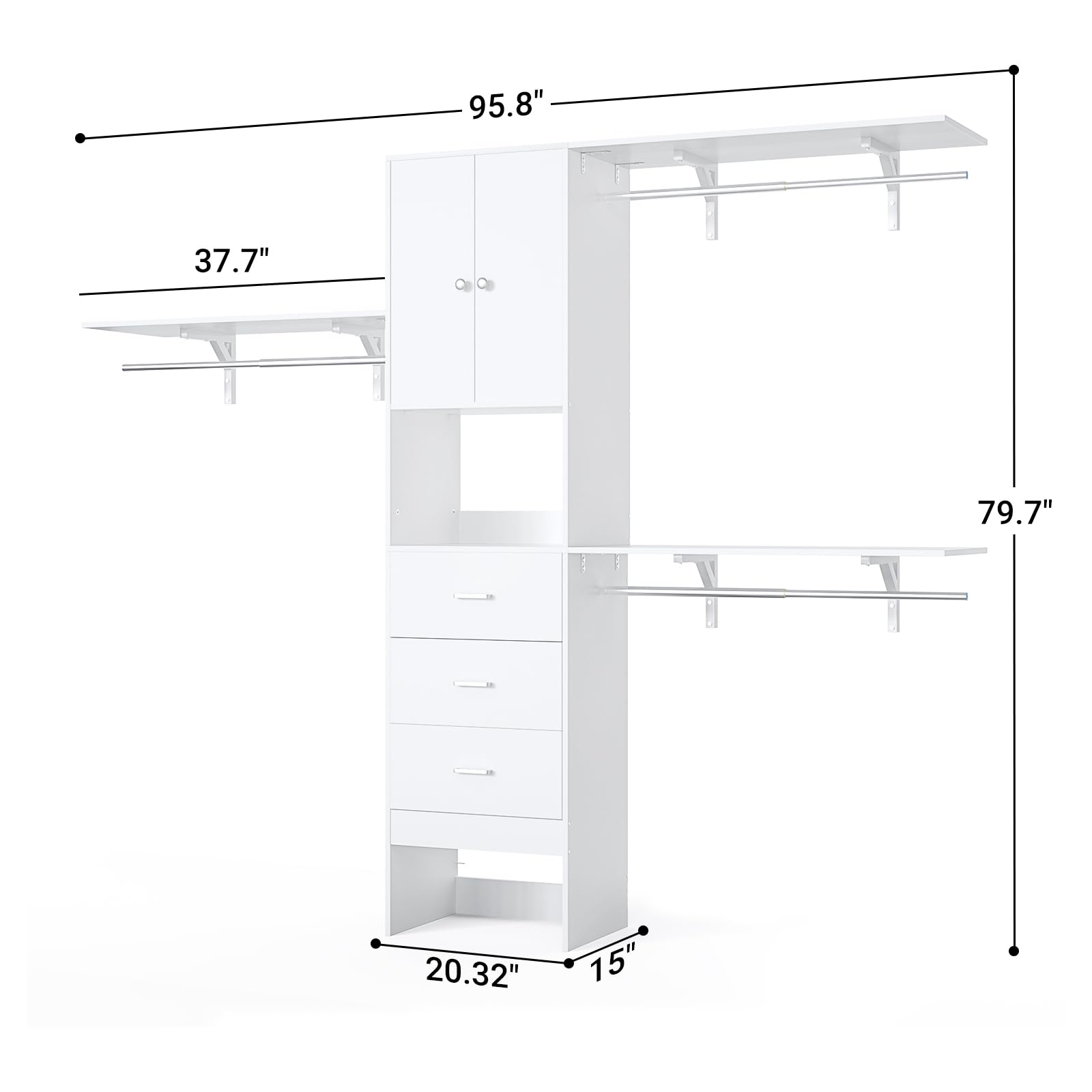 Armocity 96 Inches Closet System with Doors, 8FT Walk In Closet Organizer with 3 Shelving Towers, Heavy Duty Clothes Garment Rack with 3 Wood Drawers, 96" L x 16" W x 80" H, Max Load 1000 LBS, White