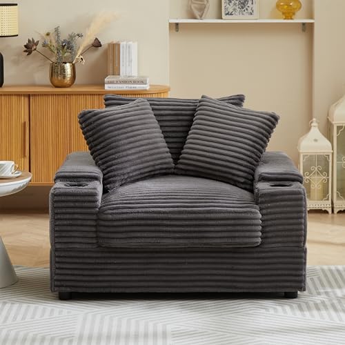 FANYE Oversized Single Sectional Sofa Couch Soft Corduroy Upholstered Modular Sleeper Daybed Deep Seat Chaise Sofa&Couch with Movable Ottoman, Cupholders and Storage Armrests