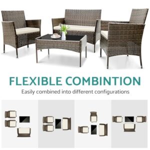 TINKLE WELL 4-Piece Brown Patio Furniture Set – Sectional Wicker Rattan Sofa with Thick Cushions and Table for Garden, Yard, or Porch