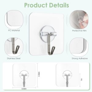 Lomrsiul Adhesive Wall Hooks for Hanging - Clear Removable Ceiling Hooks 13lb Stainless Steel Self Adhesive Hooks Waterproof Sticky Hooks for Mantel Window Kitchen Cabinet Shower Wardrobe 10 Pack