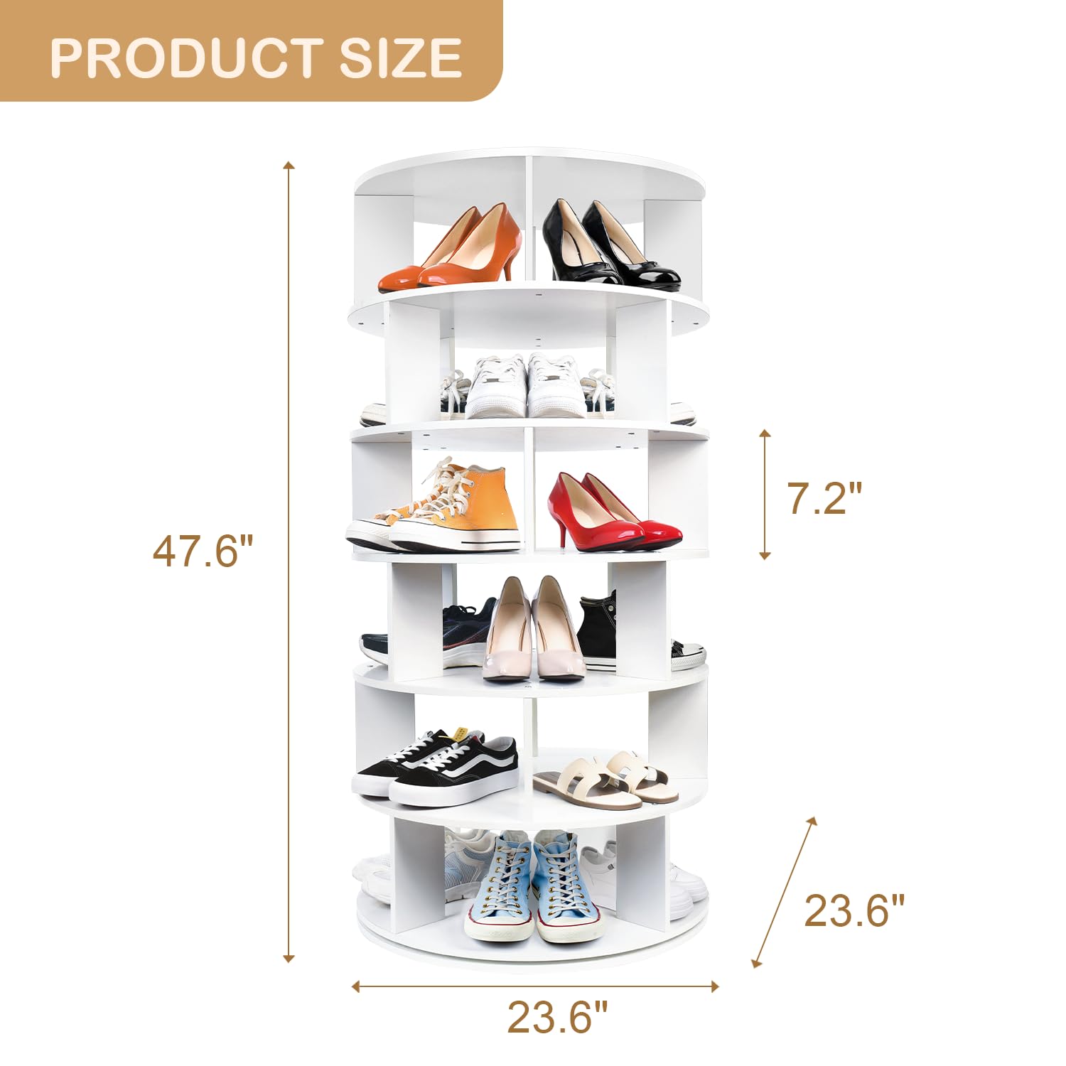 ASHLEYRIVER Rotating Shoe Rack, 6-Tier Wood Storage Spinning Shoe Rack Tower, Free Standing 360° Shoes Rack Organizer for Entryway, Garage, Bedroom, White