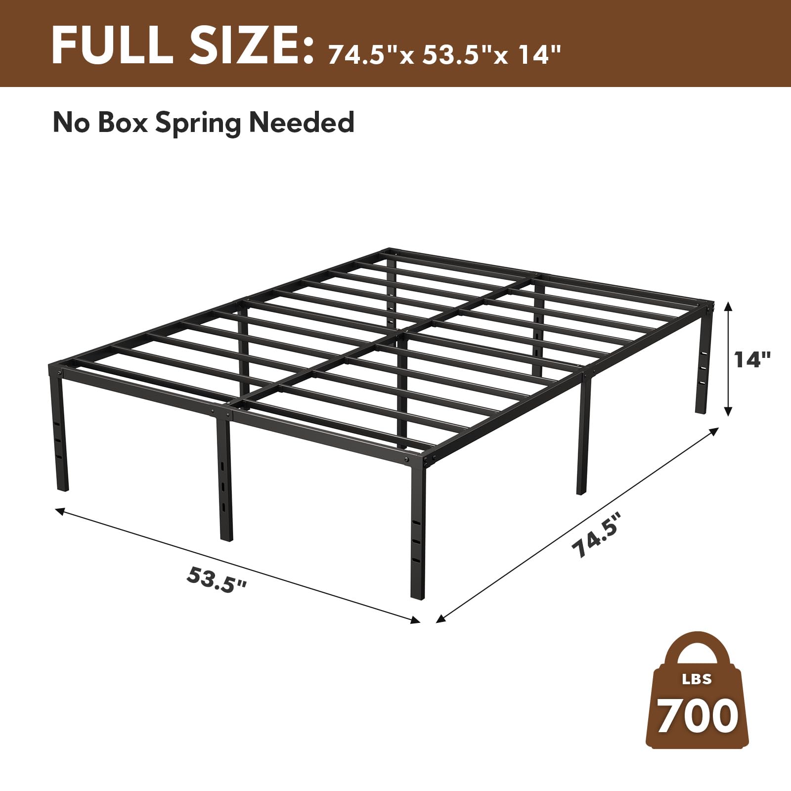 Wzialo Full Bed Frame - 14 Inch Sturdy Metal Platform Bed Frame, Under-Bed Storage Space, Heavy Duty Full Size Bed Frame, Noise-Free, Non-Slip, No Box Spring Needed