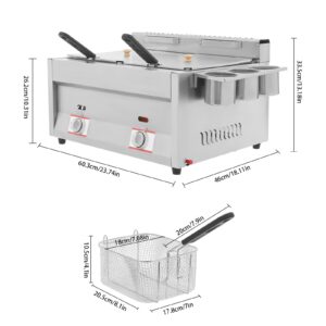 Commercial Deep Fryer, Gas Countertop Deep Fryer With Basket and Lid, Dual Tank Kitchen Fat Fryer, Use for Fry French Fries, Chicken Wings, Fish, Applied to Restaurants, Fast Food Stalls, Snack Shops