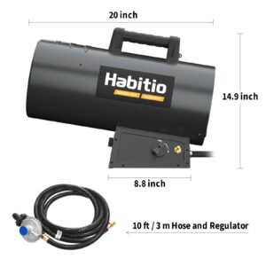 Habitio 125,000 BTU Forced Air Propane Heater, Portable Torpedo Heater for Jobsite, Garage, and Construction Sites, 10 ft Hose with Regulator Included