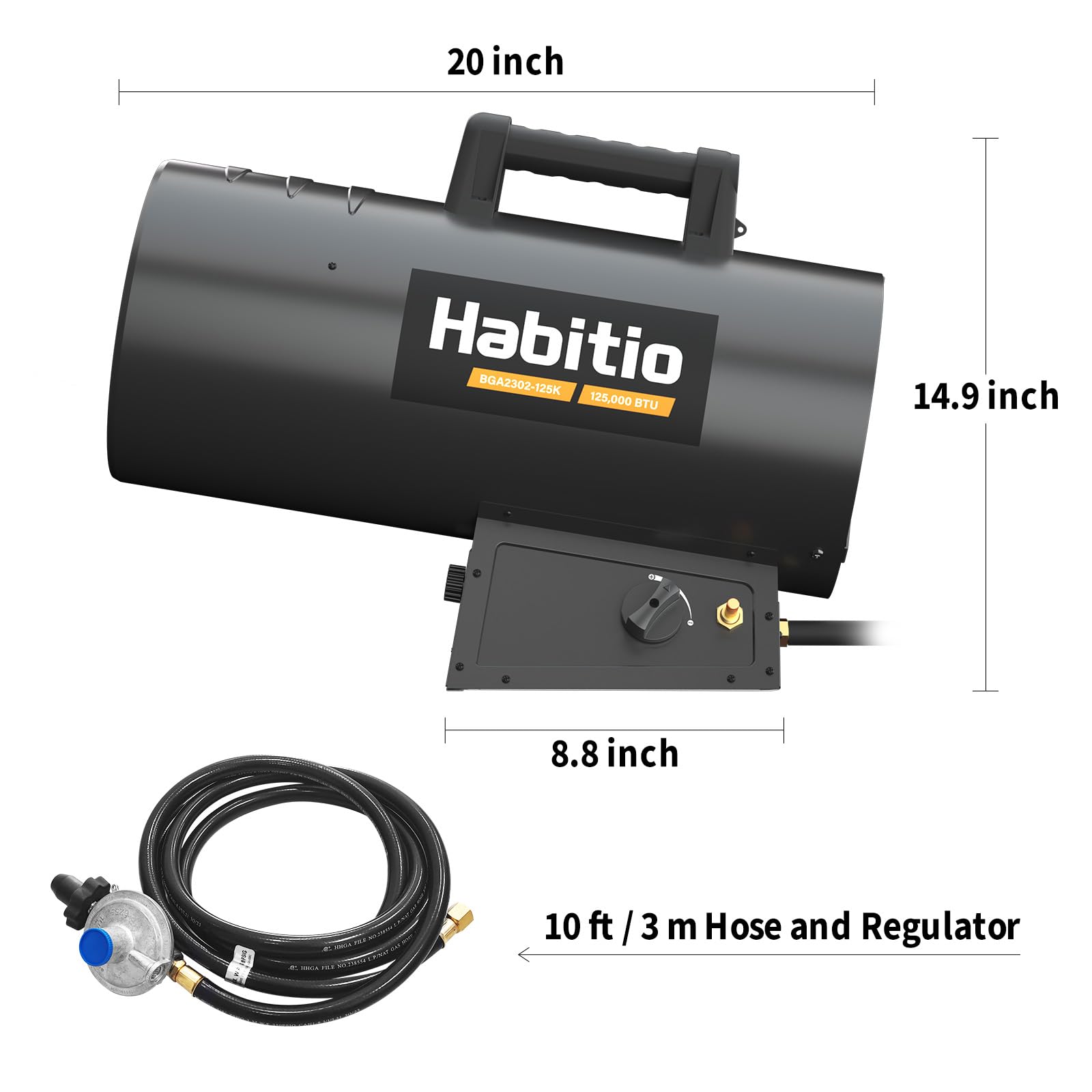 Habitio 125,000 BTU Forced Air Propane Heater, Portable Torpedo Heater for Jobsite, Garage, and Construction Sites, 10 ft Hose with Regulator Included