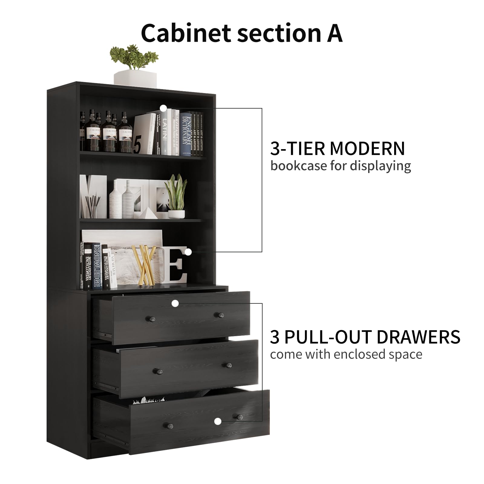 VOWNER Vertical File Cabinet, 3-Tier Modern Bookshelf with 3 Large Drawer, Wood Filing Cabinet with Open Storage Shelf, Glass Doors and Fixed Storage Shelves for Home Office, Black