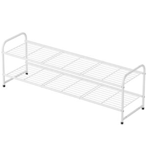 MWQ 2 Tier Metal Shoe Rack Organizer for Closet, 44" w Long Free Standing Shoe Storage Shelf for Entryway, Hallway, White