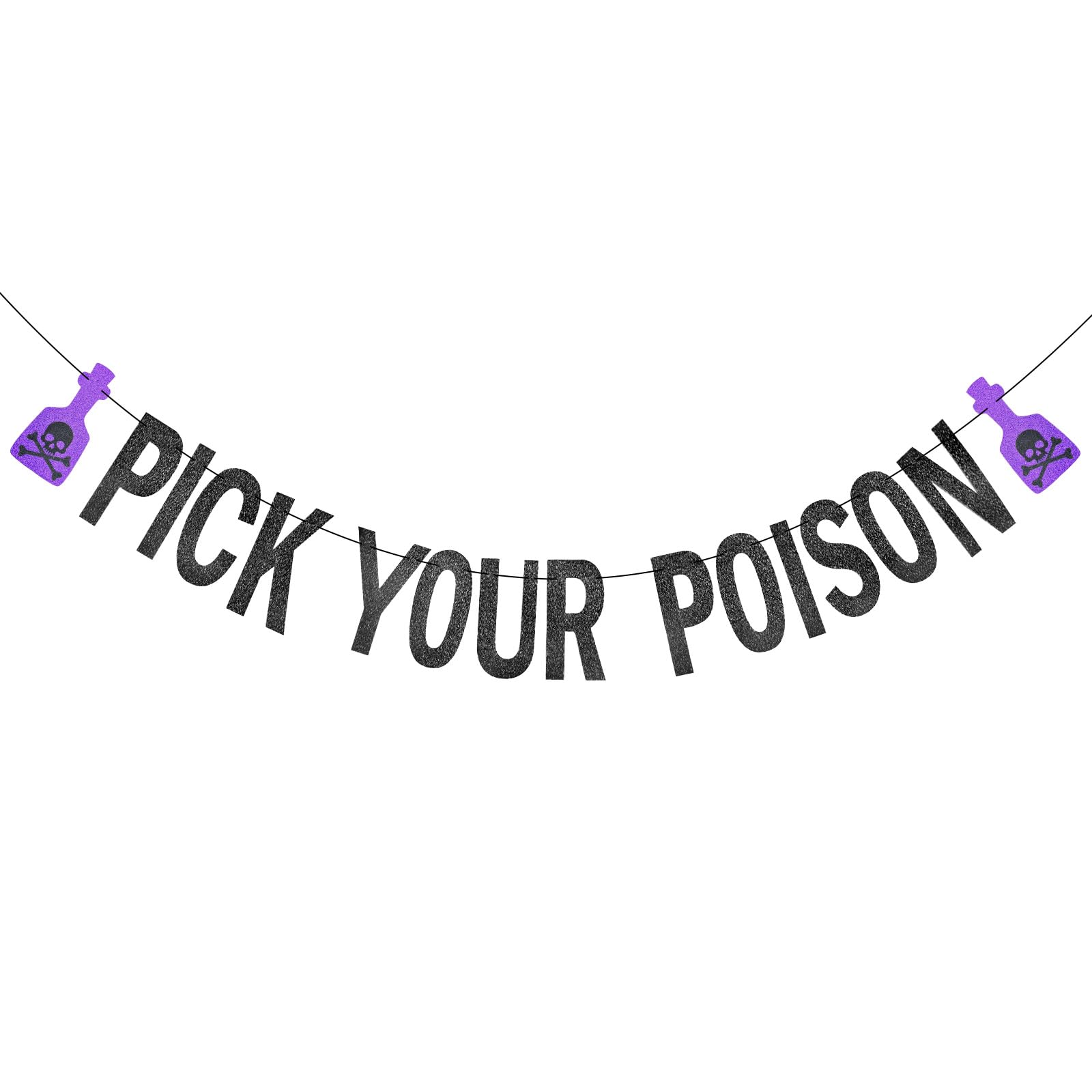 Black Glitter Pick Your Poison Banner - Halloween Hanging Paper Garland Bunting Banner with Purple Potion Bottle Decorations, Photo Backdrop for Wall Home Mantel Office Wall Scary Party Supplies