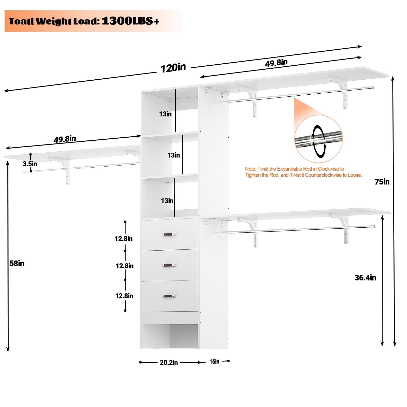 Armocity 120 Inches Closet System, 10FT Walk In Closet Organizer with 3 Shelving Towers, Heavy Duty Clothes Rack with 3 Drawers, Built-In Garment Rack, 120" L x 16" W x 75" H, Max Load 1300 LBS, White