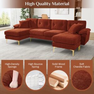 Nolohoo U Shaped Sectional Sofa Couch,114" Comfy L Shape Sofa with Chaise Lounge Ottoman, Modern Upholstered Chenille 4 Seat Modular Couch Set for Living Room Office, Orange