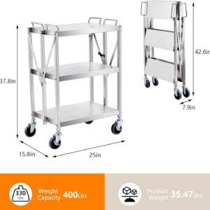 Agrestem 3-Tier Foldable Service Carts with Wheels, Rolling Cart Utility Cart Foldable Cart, 330 lbs Load Capacity, Heavy Duty Professional Utility Cart for Home, Commercial, Garage, Office