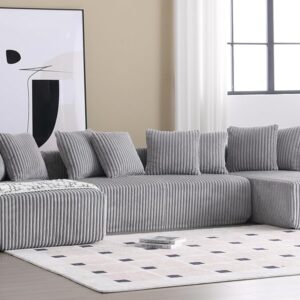 VnndeNest 131" Modular Sectional Couch, Comfy Corduroy Striped Fabric Floor Sofa, Luxury U-Shape Sectional Sofa with Chaise Lounge, Free Combination Sleeper Sofa for Living Room, Apartment, Grey