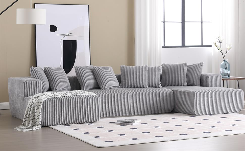 VnndeNest 131" Modular Sectional Couch, Comfy Corduroy Striped Fabric Floor Sofa, Luxury U-Shape Sectional Sofa with Chaise Lounge, Free Combination Sleeper Sofa for Living Room, Apartment, Grey