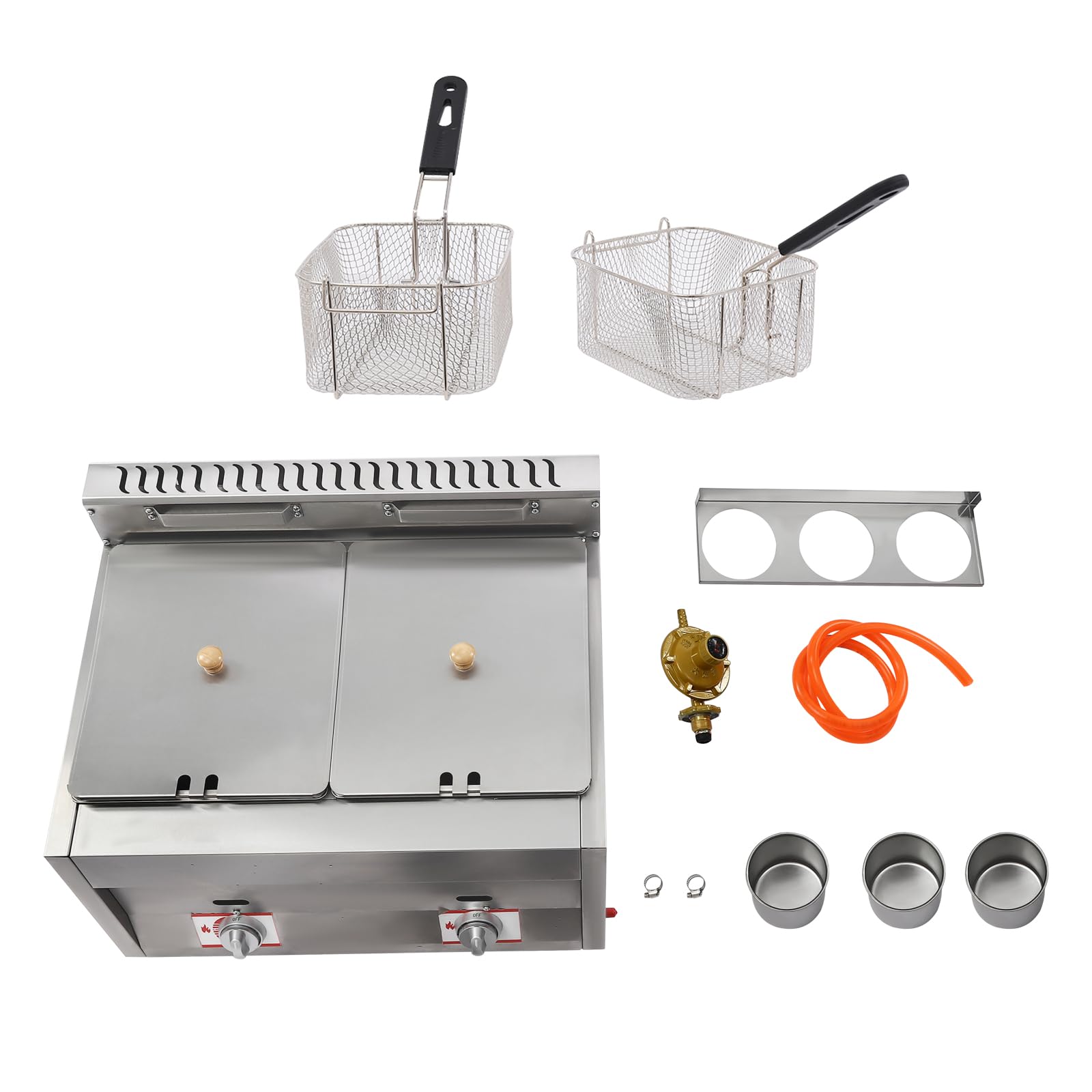 Commercial Deep Fryer, Gas Countertop Deep Fryer With Basket and Lid, Dual Tank Kitchen Fat Fryer, Use for Fry French Fries, Chicken Wings, Fish, Applied to Restaurants, Fast Food Stalls, Snack Shops