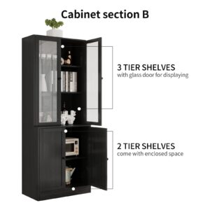 VOWNER Vertical File Cabinet, 3-Tier Modern Bookshelf with 3 Large Drawer, Wood Filing Cabinet with Open Storage Shelf, Glass Doors and Fixed Storage Shelves for Home Office, Black